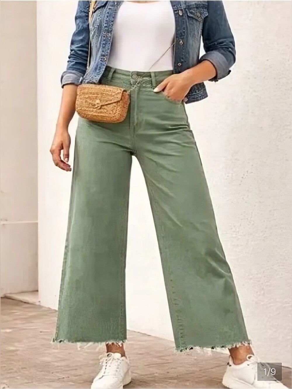 Zara Olive High-Rise Wide-Leg Crop Jeans